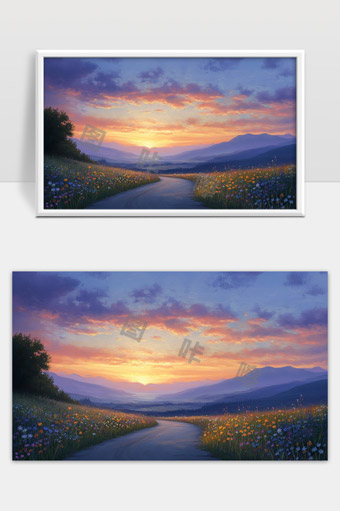 宁静山间暮色花海蜿蜒小径美丽自然风光