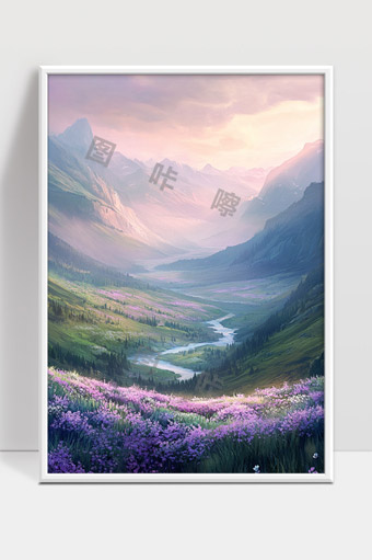 绵延山谷中的紫色花海与蜿蜒溪流晨光美景
