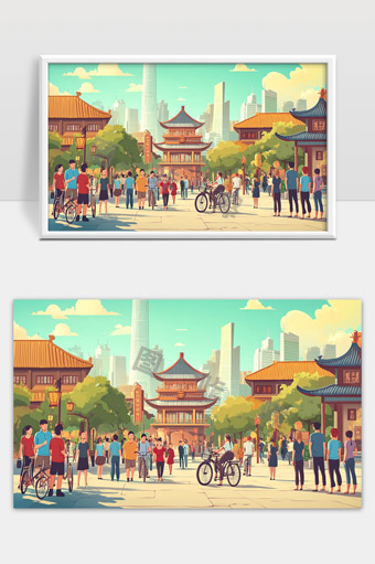 现代都市中融合传统文化的繁华街区场景描绘