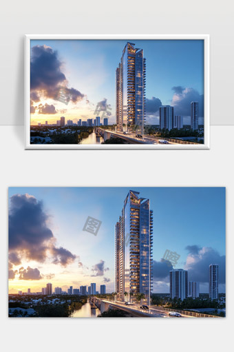 现代高层住宅建筑城市夜景与河流景观