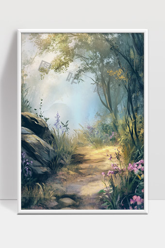 幽静森林小径晨光中的野花与绿树美景