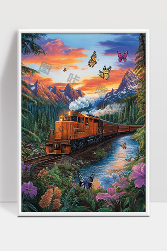 火车穿越山谷花海与蝴蝶共舞的唯美自然风光画面