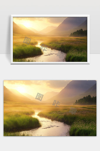 宁静山谷溪流晨光草原美景自然风光