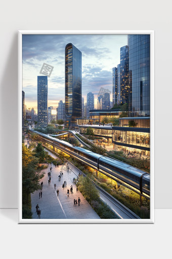 现代城市高架轨道交通与摩天楼夜景景观