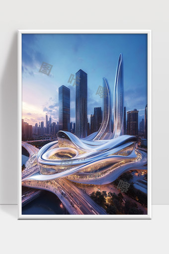 未来感城市地标建筑夜景现代设计流线型高楼大厦