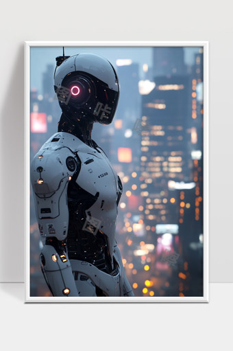 未来都市中的高智能人形机器人侧影