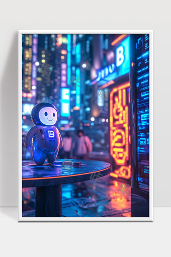 霓虹灯下未来科技城市中的智能机器人形象