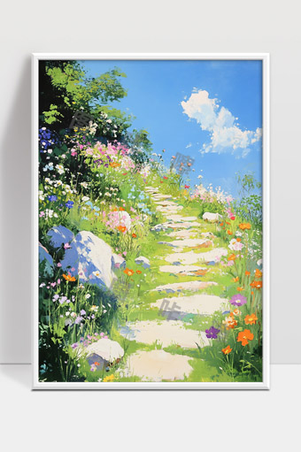 春日阳光下的花径林间小路绽放多彩野花