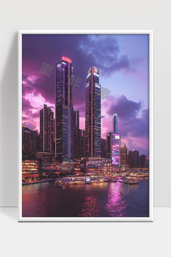 都市夜景高楼建筑和港湾灯光倒影美丽景象