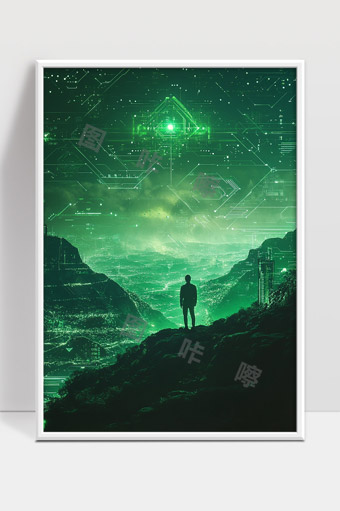 未来科技感数字世界与人类探索的虚拟森林场景