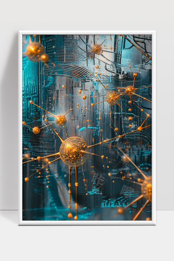 未来科技感金色纳米机器人微观网络世界