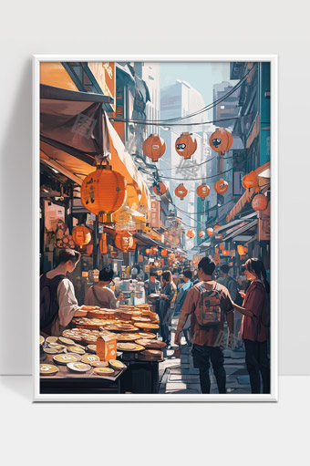 繁华都市街头传统美食与文化交融场景