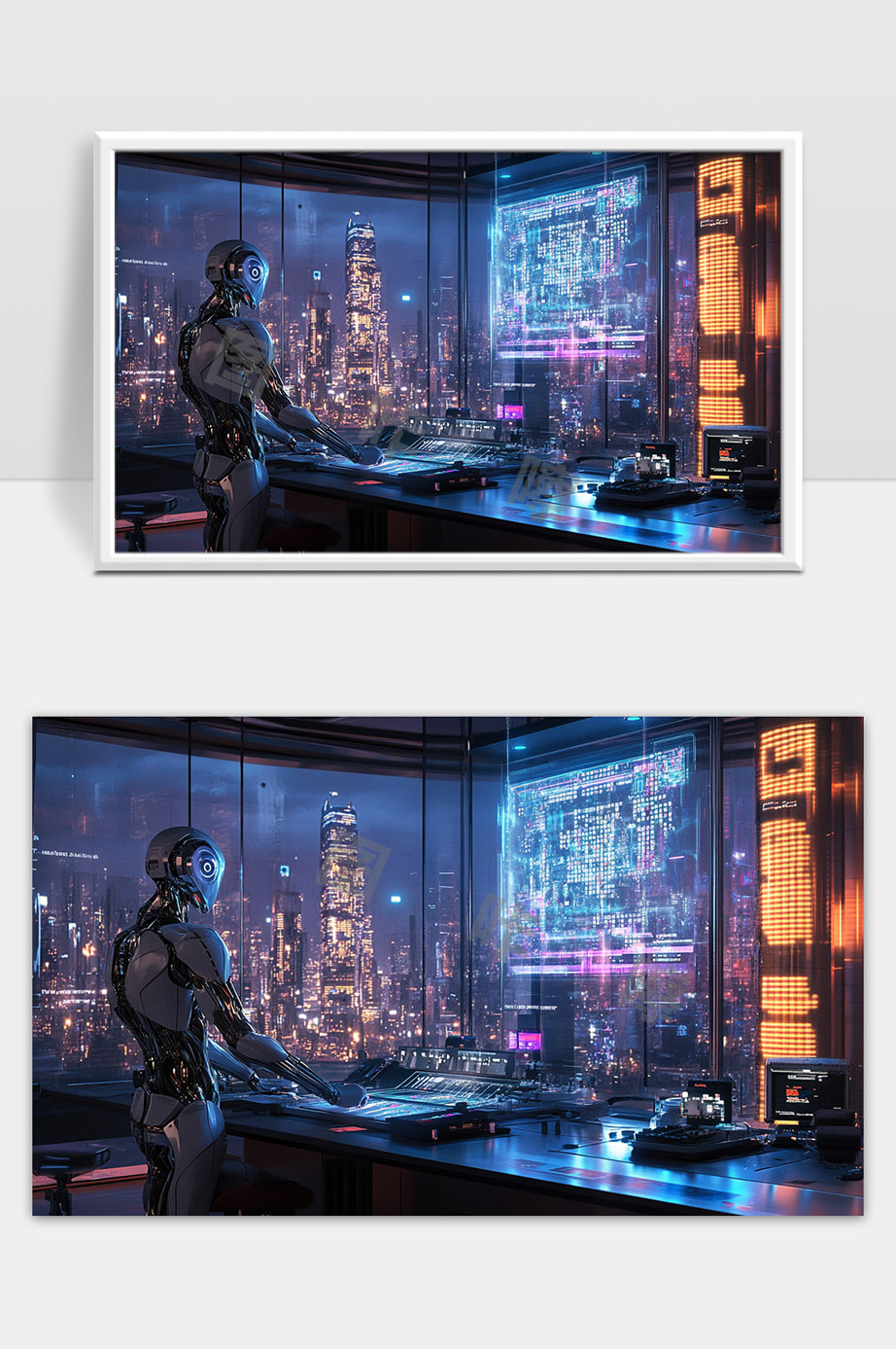 未来城市中智能机器人操作高科技控制台场景