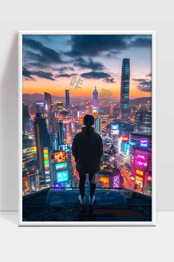 夜幕下城市霓虹灯光照亮现代都市天空