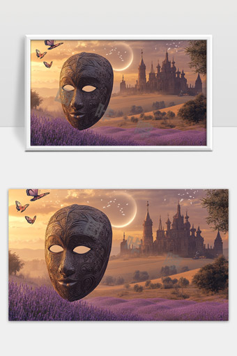 紫色花海中的神秘面具与梦幻古堡黄昏景象
