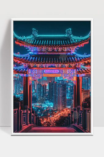 现代都市夜景下的霓虹灯古建筑魅力展示