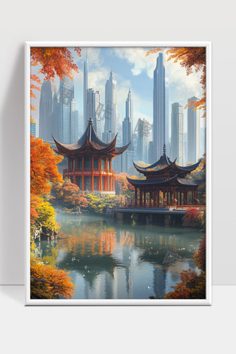 秋日古风亭台映衬现代都市高楼景色迷人