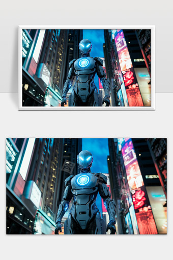 未来都市中的高科技战斗机器人夜晚守卫