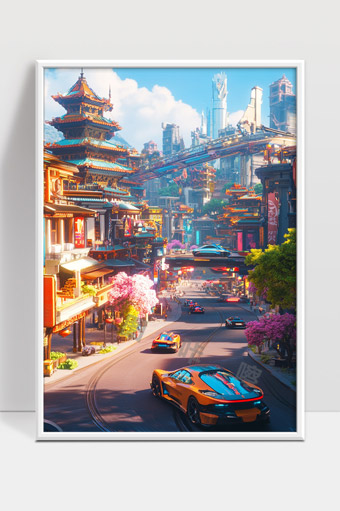 未来都市中融合传统建筑和高科技交通的繁华街景