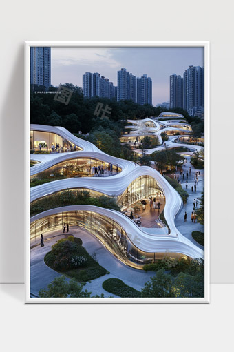现代城市自然融合曲线形建筑夜景
