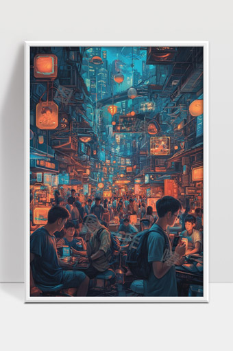 繁华都市夜市人潮熙攘灯火辉煌美食文化街景