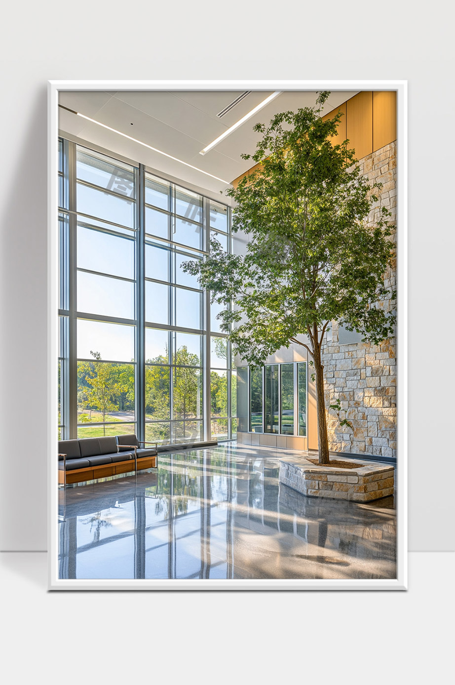 现代办公大楼宽敞明亮大厅室内大树设计