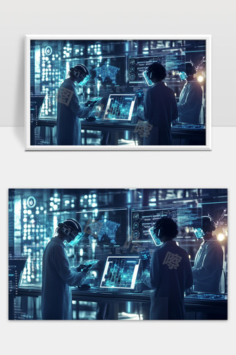 未来智能实验室科技人员操作虚拟屏幕数据分析