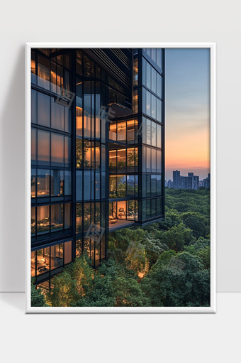现代城市绿意环绕的高层玻璃住宅黄昏景观