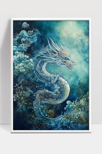 神秘蓝色东方龙盘旋于水底花海之间