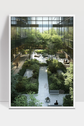 现代办公楼中自然绿植与休闲空间完美融合景观设计