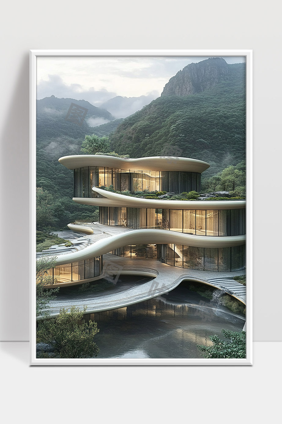 现代山间曲线玻璃别墅自然景观结合建筑设计