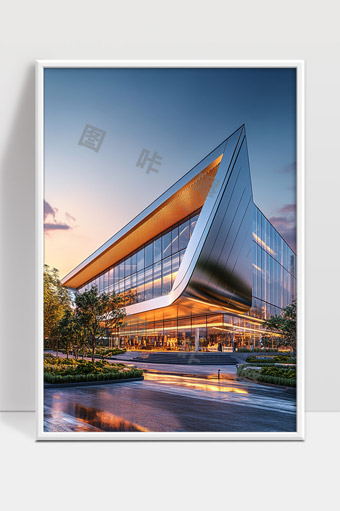 现代建筑风格独特玻璃幕墙办公楼黄昏景象
