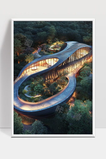 森林中未来主义风格曲线形生态建筑夜景设计