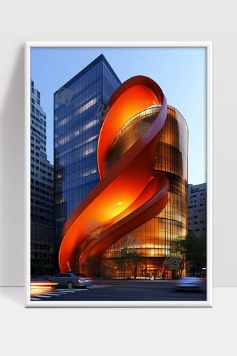 现代城市中独特橙色旋转楼体建筑夜景照