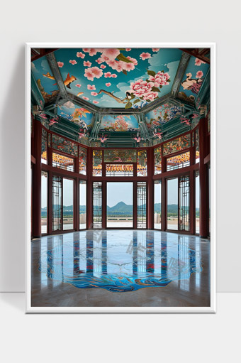 传统建筑中的花卉鸟兽壁画与湖畔自然景观融合之美