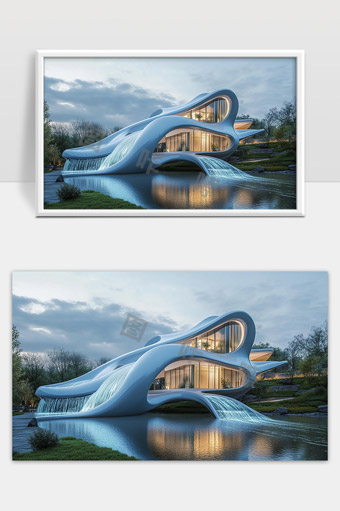未来主义风格水景建筑融合自然环境创意设计
