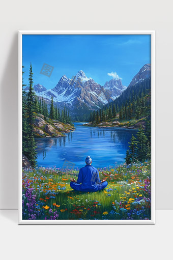 静坐山谷花海间远眺雪山与湖泊的自然宁静风光