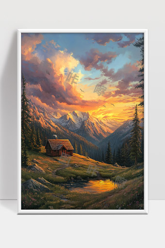 宁静山谷中的小木屋夕阳自然风光画
