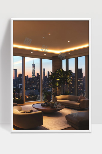 现代高层住宅宽景客厅设计城市夜景窗外灯火阑珊