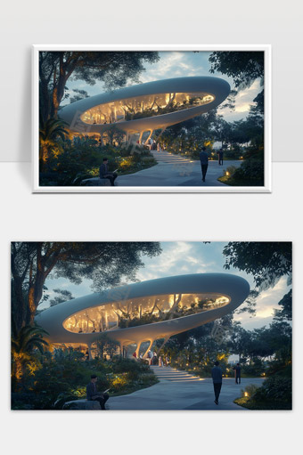 未来主义森林中的悬浮生态建筑夜景展现自然与科技融合