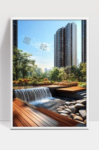 现代城市高层建筑与自然水景和谐共融