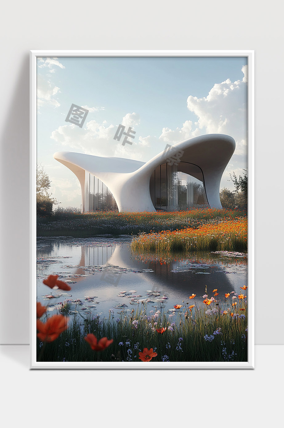 未来主义设计白色曲线现代建筑与自然景观和谐共融