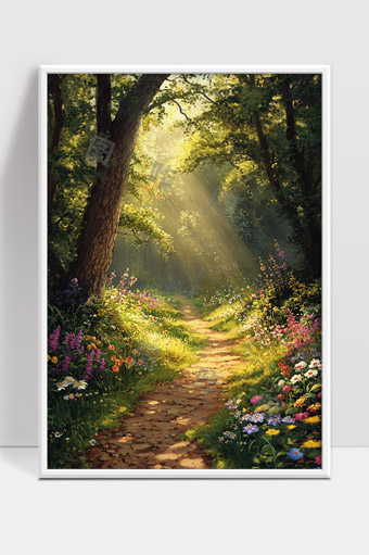 阳光洒落森林小径花草芬芳的宁静世界