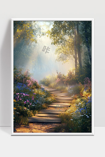 阳光洒落花丛小径森林晨光静谧自然风景