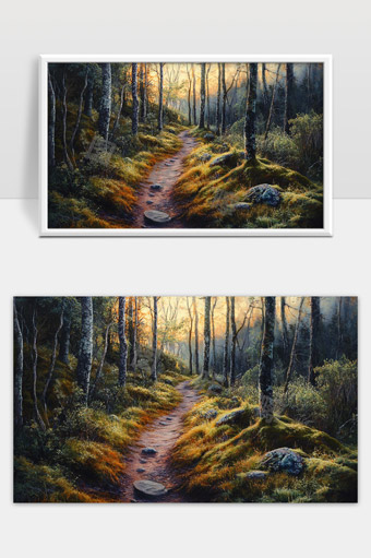 秋日森林小径阳光穿透宁静自然风景