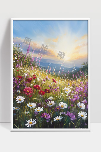 晨曦下绽放的多彩野花田野美景