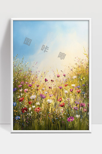 阳光下绽放的多彩野花田园风光画作