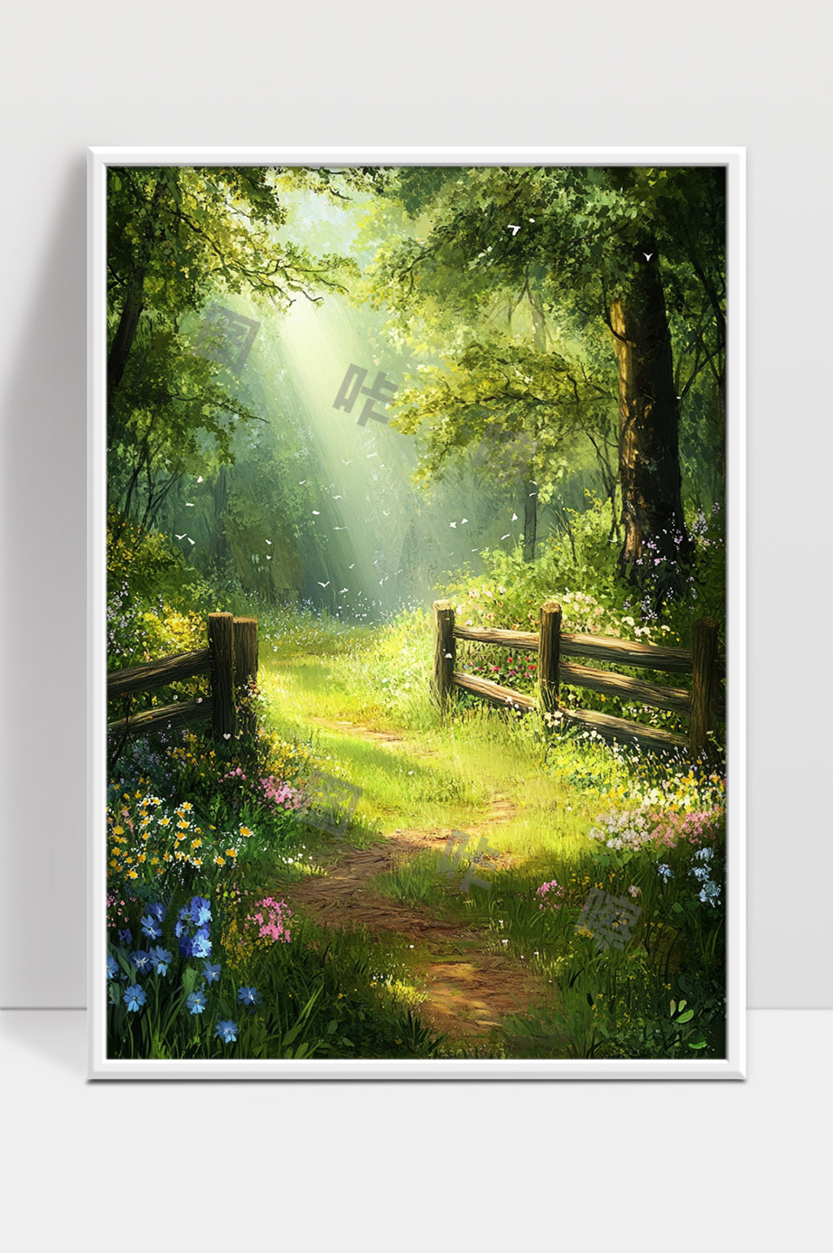 阳光穿透森林花海小径宁静夏日自然风光