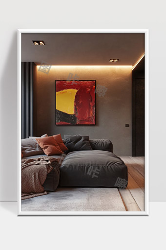 现代简约风格客厅舒适布艺沙发与抽象装饰画
