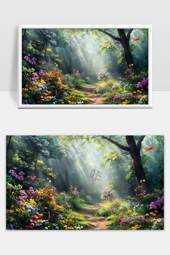 阳光穿透森林花海中的幽静小径